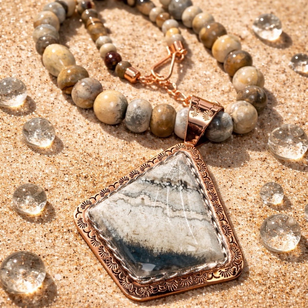 Rare Jay King Yellow Cactus Lace Agate Pendant Necklace Sterling Copper 18-20”